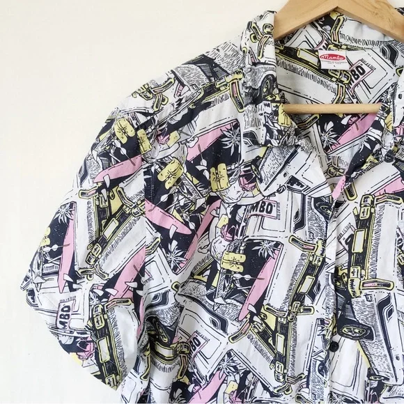 MAMBO Mens Size L Black White Cotton Button Down Short Sleeve Shirt Quirky Beach - Picture 2 of 10